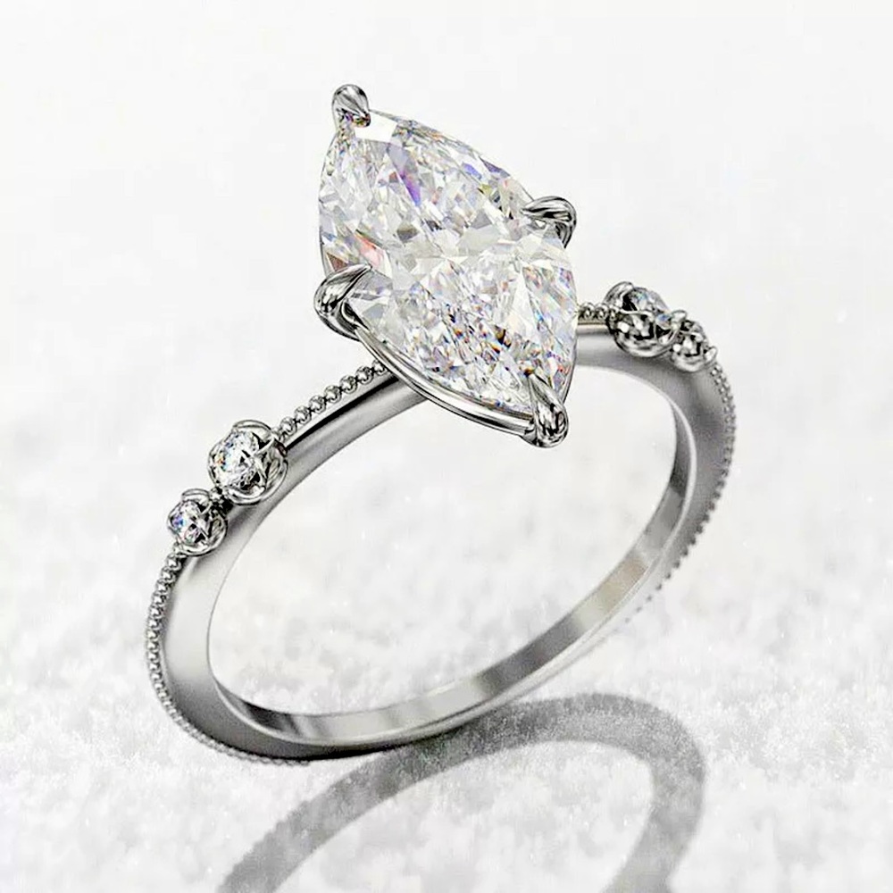 14k white gold 3 CT diamond ring marquise engagement wedding solitaire - Picture 2 of 12